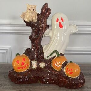 1970s VintageHalloween Ceramic Spooky Tree Owl Pumpkin Ghost table light up lamp